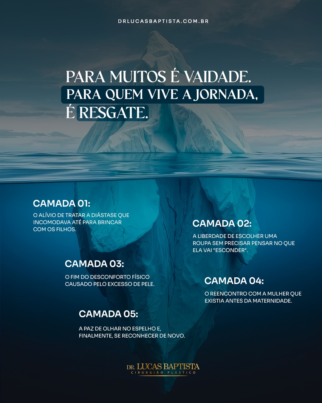 A cirurgia plástica pós-maternidade é sobre recuperar a confiança, eliminar o incômodo físico e reencontrar a própria imagem. É restaurar a integridade de um corpo que se entregou completamente.

Dr. Lucas Baptista - Cirurgião Plástico | CRM/SC 21411 | RQE 21645