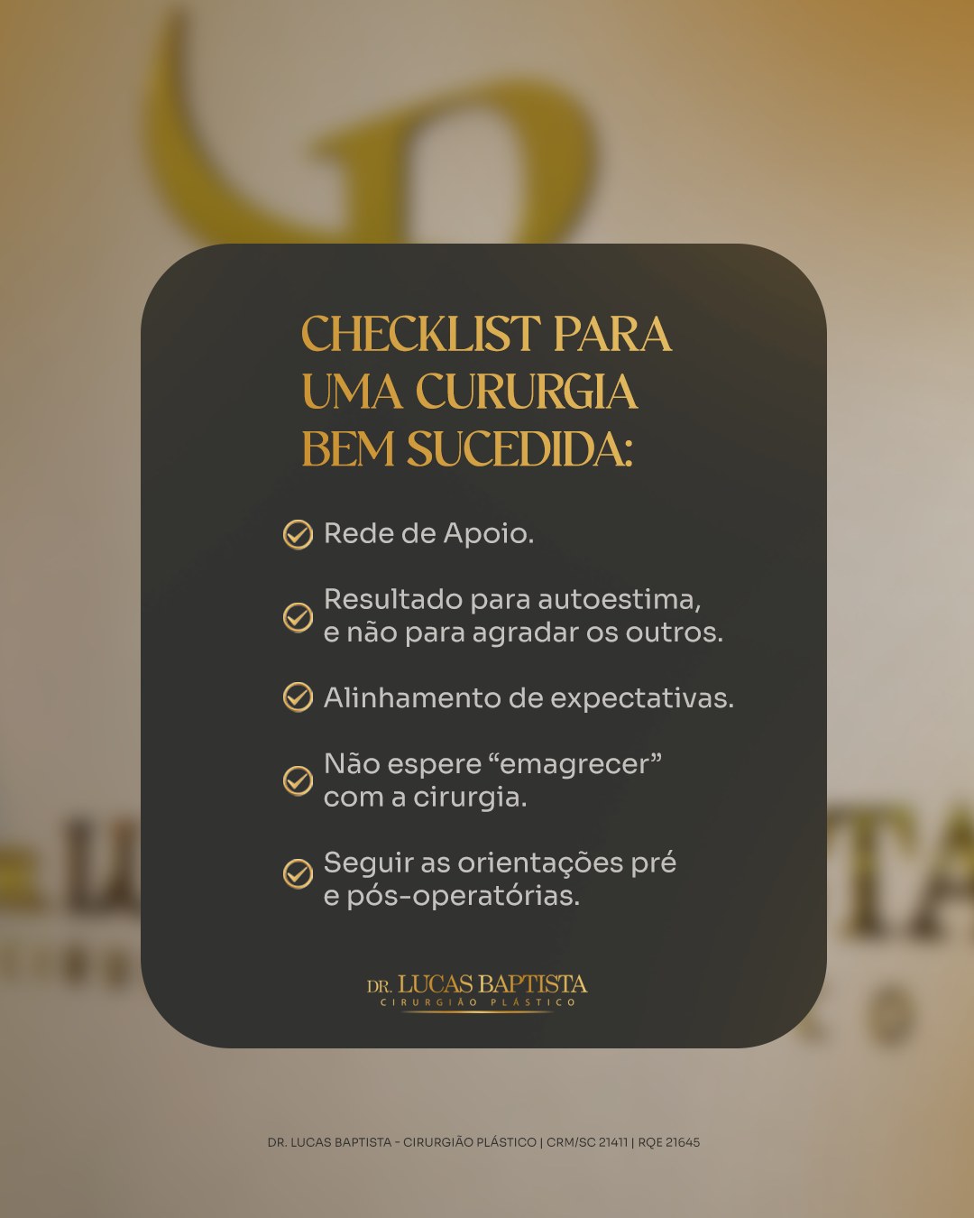 Cirurgia bem sucedida depende de muita coisa além do procedimento.

Você precisa de um bom alinhamento prévio, para que tudo aconteça da melhor forma possível, entendendo os benefícios e riscos com clareza, e a melhor forma de seguir com o procedimento para que ele atinja suas expectativas.

Ter estrutura para atravessar esse momento com mais tranquilidade é importante para o processo, aquela rede de apoio da família, um cirurgião que possa te ouvir e planejar um procedimento para o seu corpo, individualmente

Se você quer seguir com um procedimento, mas antes precisa entender por onde começar, agende uma consulta!

 
Dr. Lucas Baptista - Cirurgião Plástico | CRM/SC 21411 | RQE 21645